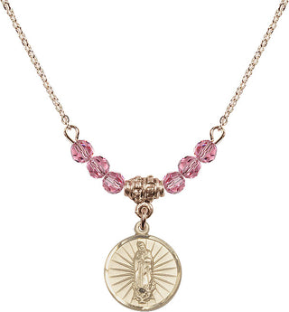 18" Hamilton Gold Plated Necklace with 4mm Rose Crystal Beads featuring a 14kt Gold Filled Our Lady of Guadalupe Medal. Engraved Catholic Saint Jewelry