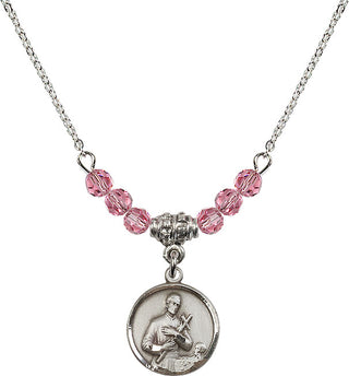 18" Rhodium Plated Necklace with 4mm Rose Crystal Beads featuring a Sterling Silver Saint Gerard Medal. Engraved Catholic Saint Jewelry