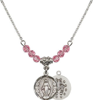 18" Rhodium Plated Necklace with 4mm Rose Crystal Beads featuring a Sterling Silver Miraculous Medal.