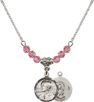 18" Rhodium Plated Necklace with 4mm Rose Crystal Beads featuring a Sterling Silver Scapular Medal.