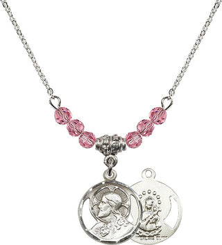 18" Rhodium Plated Necklace with 4mm Rose Crystal Beads featuring a Sterling Silver Scapular Medal.