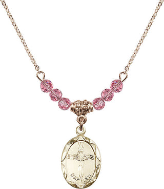 18" Hamilton Gold Plated Necklace with 4mm Rose Crystal Beads featuring a 14kt Gold Filled Baptism Medal. Engraved Catholic Saint Jewelry