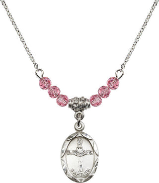 18" Rhodium Plated Necklace with 4mm Rose Crystal Beads featuring a Sterling Silver Baptism Medal. Engraved Catholic Saint Jewelry