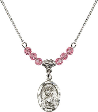 18" Rhodium Plated Necklace with 4mm Rose Crystal Beads featuring a Sterling Silver Saint Christopher Medal. Engraved Catholic Saint Jewelry