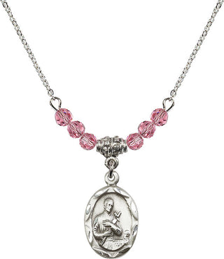 18" Rhodium Plated Necklace with 4mm Rose Crystal Beads featuring a Sterling Silver Saint Gerard Medal. Engraved Catholic Saint Jewelry