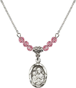 18" Rhodium Plated Necklace with 4mm Rose Crystal Beads featuring a Sterling Silver Saint Joseph Medal. Engraved Catholic Saint Jewelry