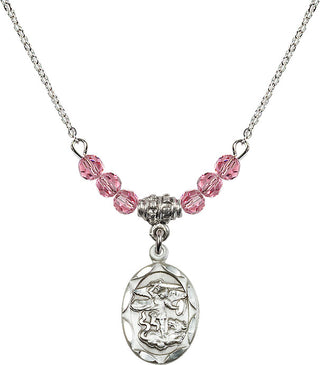 18" Rhodium Plated Necklace with 4mm Rose Crystal Beads featuring a Sterling Silver Saint Michael the Archangel Medal.