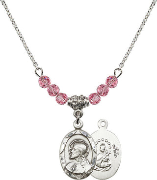 18" Rhodium Plated Necklace with 4mm Rose Crystal Beads featuring a Sterling Silver Scapular Medal.