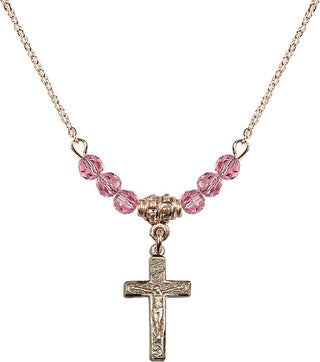 18" Hamilton Gold Plated Necklace with 4mm Rose Crystal Beads featuring a 14kt Gold Filled Crucifix Medal.