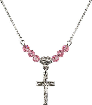 18" Rhodium Plated Necklace with 4mm Rose Crystal Beads featuring a Sterling Silver Crucifix Medal.