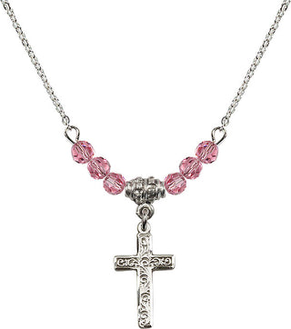 18" Rhodium Plated Necklace with 4mm Rose Crystal Beads featuring a Sterling Silver Cross Medal.