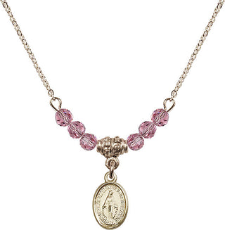 18" Hamilton Gold Plated Necklace with 4mm Rose Crystal Beads featuring a 14kt Gold Filled Miraculous Medal.