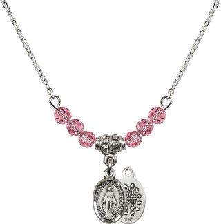 18" Rhodium Plated Necklace with 4mm Rose Crystal Beads featuring a Sterling Silver Miraculous Medal.