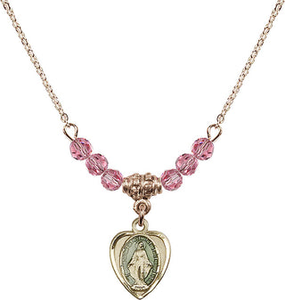 18" Hamilton Gold Plated Necklace with 4mm Rose Crystal Beads featuring a 14kt Gold Filled Miraculous Medal.