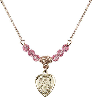 18" Hamilton Gold Plated Necklace with 4mm Rose Crystal Beads featuring a 14kt Gold Filled Miraculous Medal.