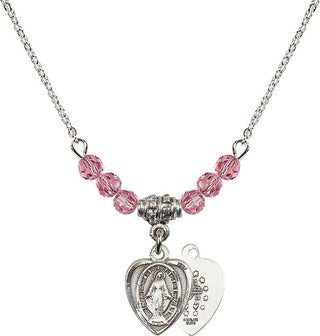 18" Rhodium Plated Necklace with 4mm Rose Crystal Beads featuring a Sterling Silver Miraculous Medal.