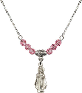 18" Rhodium Plated Necklace with 4mm Rose Crystal Beads featuring a Sterling Silver Infant of Prague Medal.
