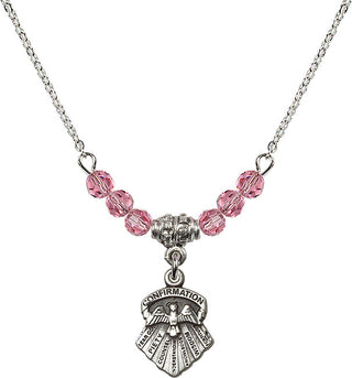 18" Rhodium Plated Necklace with 4mm Rose Crystal Beads featuring a Sterling Silver Seven Gifts Medal.