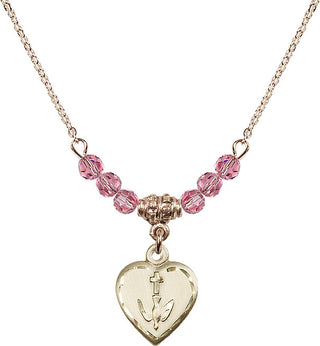 18" Hamilton Gold Plated Necklace with 4mm Rose Crystal Beads featuring a 14kt Gold Filled Heart / Confirmation Medal.
