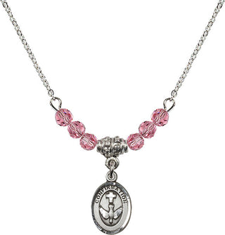 18" Rhodium Plated Necklace with 4mm Rose Crystal Beads featuring a Sterling Silver Confirmation Medal.