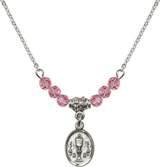 18" Rhodium Plated Necklace with 4mm Rose Crystal Beads featuring a Sterling Silver Chalice Medal.
