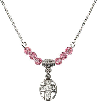 18" Rhodium Plated Necklace with 4mm Rose Crystal Beads featuring a Sterling Silver 5-Way / Chalice Medal.