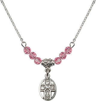 18" Rhodium Plated Necklace with 4mm Rose Crystal Beads featuring a Sterling Silver 5-Way Medal.