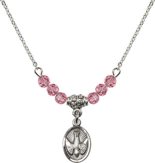 18" Rhodium Plated Necklace with 4mm Rose Crystal Beads featuring a Sterling Silver Holy Spirit Medal.
