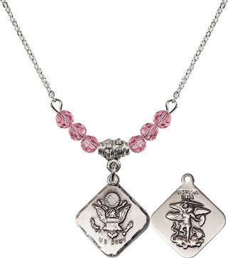 18" Rhodium Plated Necklace with 4mm Rose Crystal Beads featuring a Sterling Silver Army Diamond Medal.