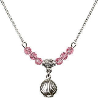 18" Rhodium Plated Necklace with 4mm Rose Crystal Beads featuring a Sterling Silver Shell Medal.