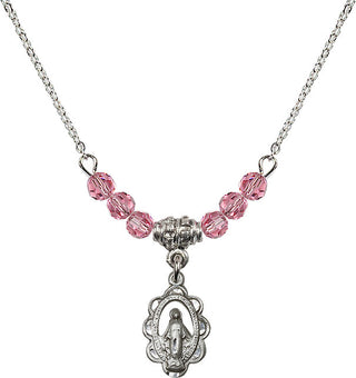 18" Rhodium Plated Necklace with 4mm Rose Crystal Beads featuring a Sterling Silver Miraculous Medal.