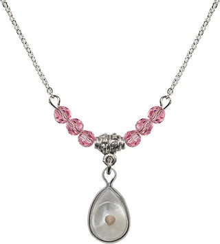 18" Rhodium Plated Necklace with 4mm Rose Crystal Beads featuring a Sterling Silver Mustard Seed Medal.