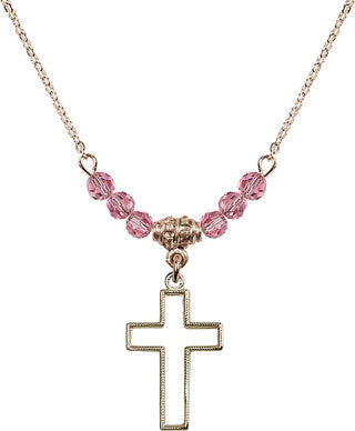 18" Hamilton Gold Plated Necklace with 4mm Rose Crystal Beads featuring a 14kt Gold Filled Cross Medal.