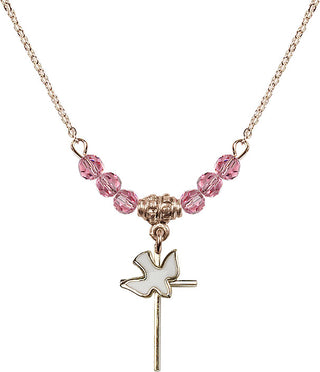 18" Hamilton Gold Plated Necklace with 4mm Rose Crystal Beads featuring a 14kt Gold Filled Cross / Holy Spirit Medal.