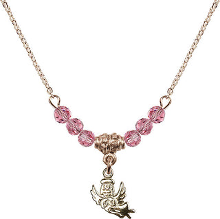 18" Hamilton Gold Plated Necklace with 4mm Rose Crystal Beads featuring a 14kt Gold Filled Guardian Angel Medal.