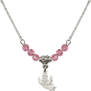 18" Rhodium Plated Necklace with 4mm Rose Crystal Beads featuring a Sterling Silver Guardian Angel Medal.