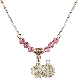 18" Hamilton Gold Plated Necklace with 4mm Rose Crystal Beads featuring a 14kt Gold Filled Saint Benedict Medal.