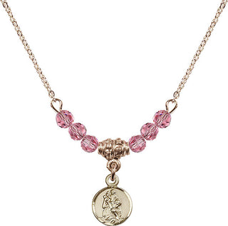 18" Hamilton Gold Plated Necklace with 4mm Rose Crystal Beads featuring a 14kt Gold Filled Saint Christopher Medal.