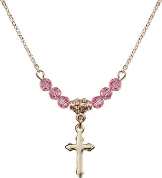 18" Hamilton Gold Plated Necklace with 4mm Rose Crystal Beads featuring a 14kt Gold Filled Cross Medal.