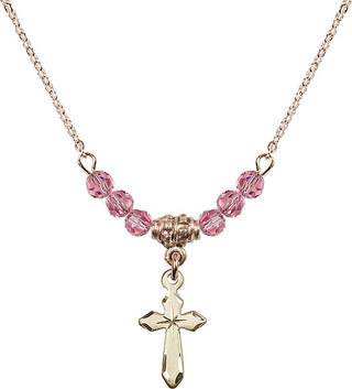 18" Hamilton Gold Plated Necklace with 4mm Rose Crystal Beads featuring a 14kt Gold Filled Cross Medal.