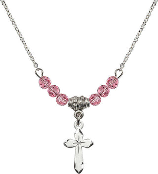 18" Rhodium Plated Necklace with 4mm Rose Crystal Beads featuring a Sterling Silver Cross Medal.