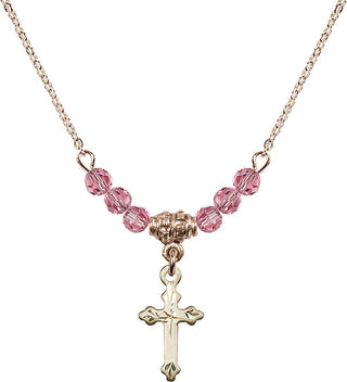 18" Hamilton Gold Plated Necklace with 4mm Rose Crystal Beads featuring a 14kt Gold Filled Cross Medal.