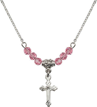 18" Rhodium Plated Necklace with 4mm Rose Crystal Beads featuring a Sterling Silver Cross Medal.