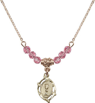 18" Hamilton Gold Plated Necklace with 4mm Rose Crystal Beads featuring a 14kt Gold Filled Communion Medal.