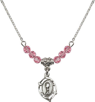 18" Rhodium Plated Necklace with 4mm Rose Crystal Beads featuring a Sterling Silver Communion Medal.