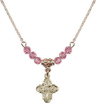 18" Hamilton Gold Plated Necklace with 4mm Rose Crystal Beads featuring a 14kt Gold Filled 4-Way Medal.