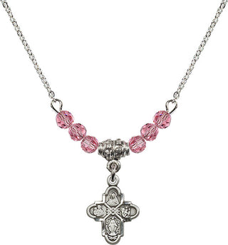 18" Rhodium Plated Necklace with 4mm Rose Crystal Beads featuring a Sterling Silver 4-Way Medal.
