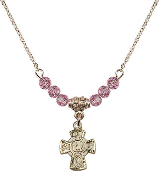 18" Hamilton Gold Plated Necklace with 4mm Rose Crystal Beads featuring a 14kt Gold Filled 5-Way Medal.