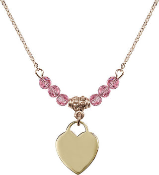 18" Hamilton Gold Plated Necklace with 4mm Rose Crystal Beads featuring a 14kt Gold Filled Heart Medal. Engraved Catholic Saint Jewelry
