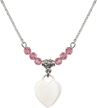 18" Rhodium Plated Necklace with 4mm Rose Crystal Beads featuring a Sterling Silver Heart Medal. Engraved Catholic Saint Jewelry